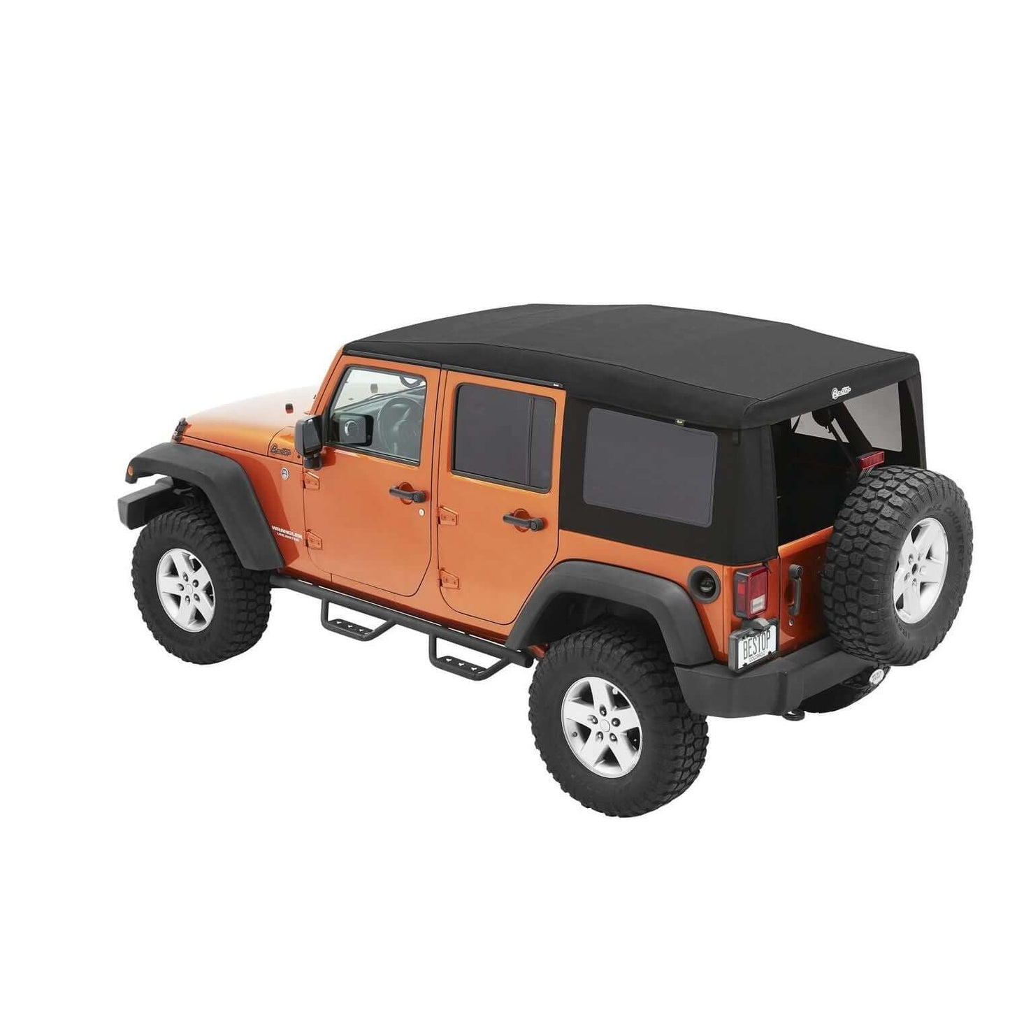 BESTOP | Supertop Ultra Squareback Soft Top For Jeep 2007-2018 Wrangler JK 4 Door Black Bestop | 54724-17 on orange Jeep