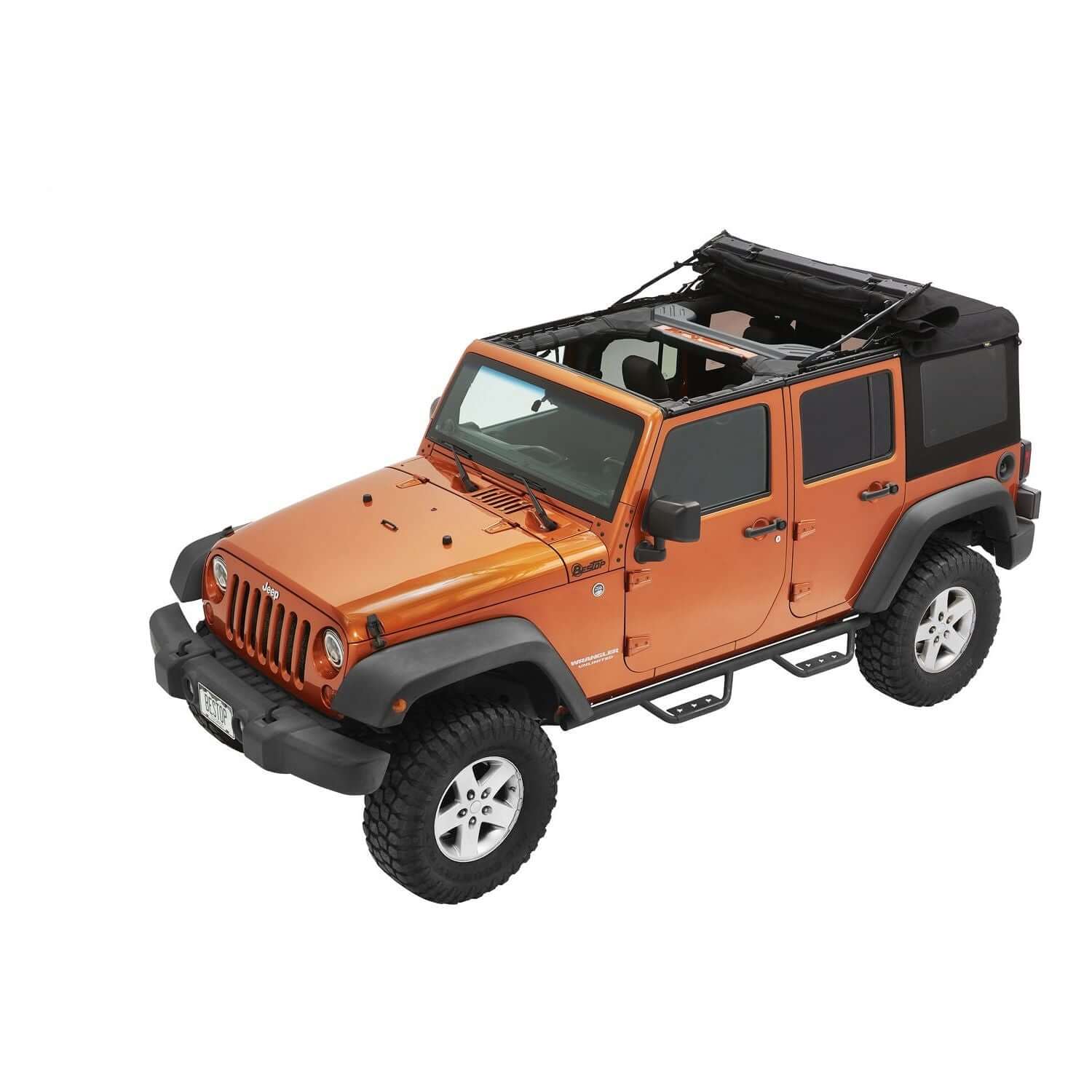 BESTOP | Supertop Ultra Squareback Soft Top For Jeep 2007-2018 Wrangler JK 4 Door Black Bestop | 54724-17 installed on orange Jeep