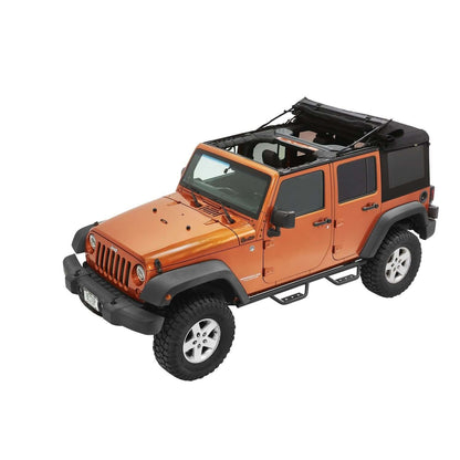 BESTOP | Supertop Ultra Squareback Soft Top For Jeep 2007-2018 Wrangler JK 4 Door Black Bestop | 54724-17 installed on orange Jeep