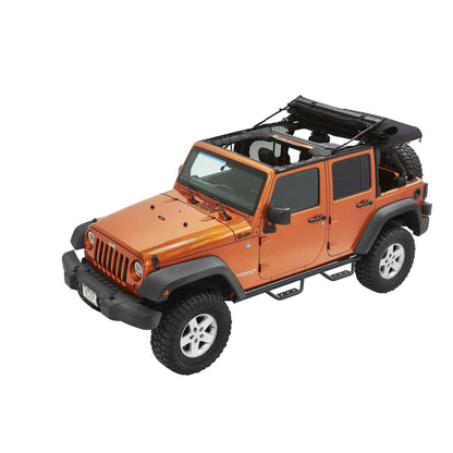 BESTOP | Supertop Ultra Squareback Soft Top For Jeep 2007-2018 Wrangler JK 4 Door Black Bestop | 54724-17 on an orange Jeep.