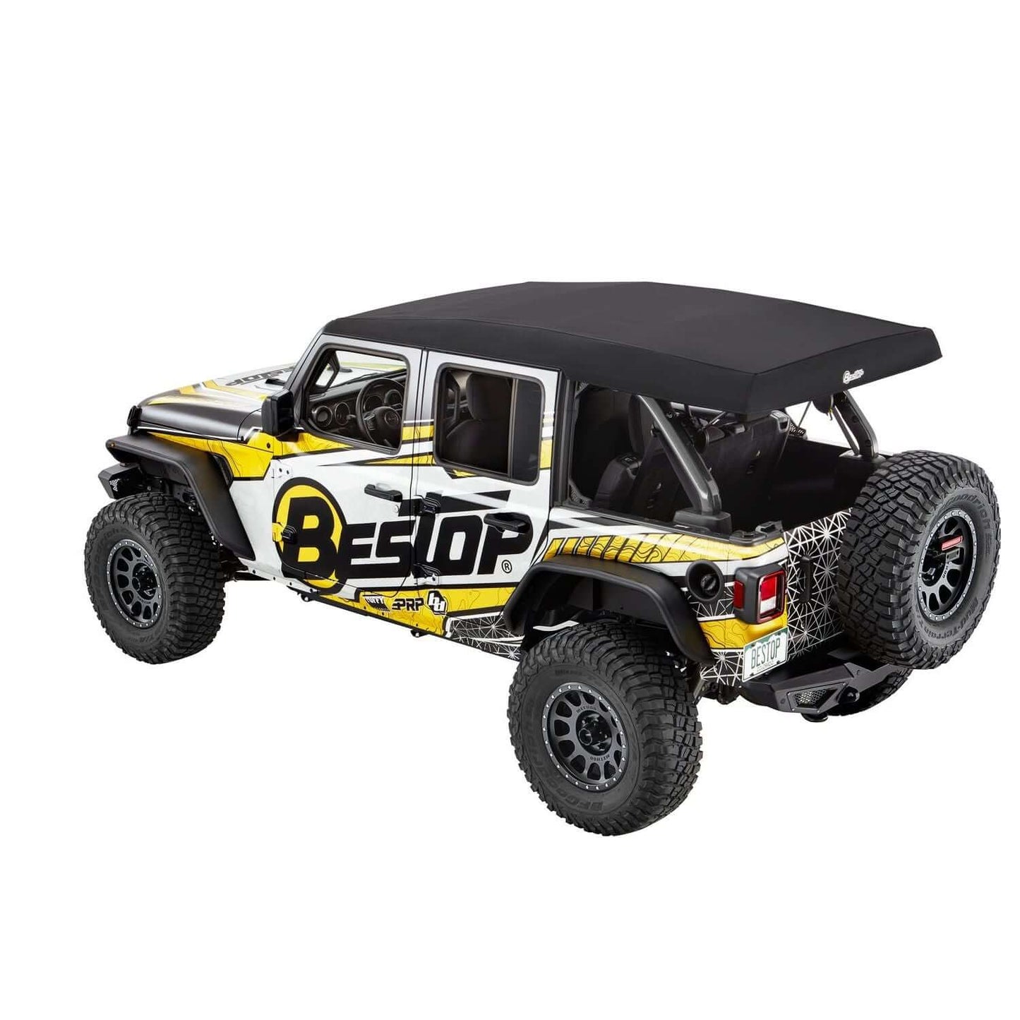 BESTOP | Supertop Ultra Jeep '18-26 Wrangler JL 4-Door Premium Black Twill Bestop | 54725-17 showcased on a modified Jeep.