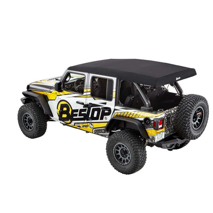 BESTOP | Supertop Ultra Jeep '18-26 Wrangler JL 4-Door Premium Black Twill Bestop | 54725-17 showcased on a modified Jeep.