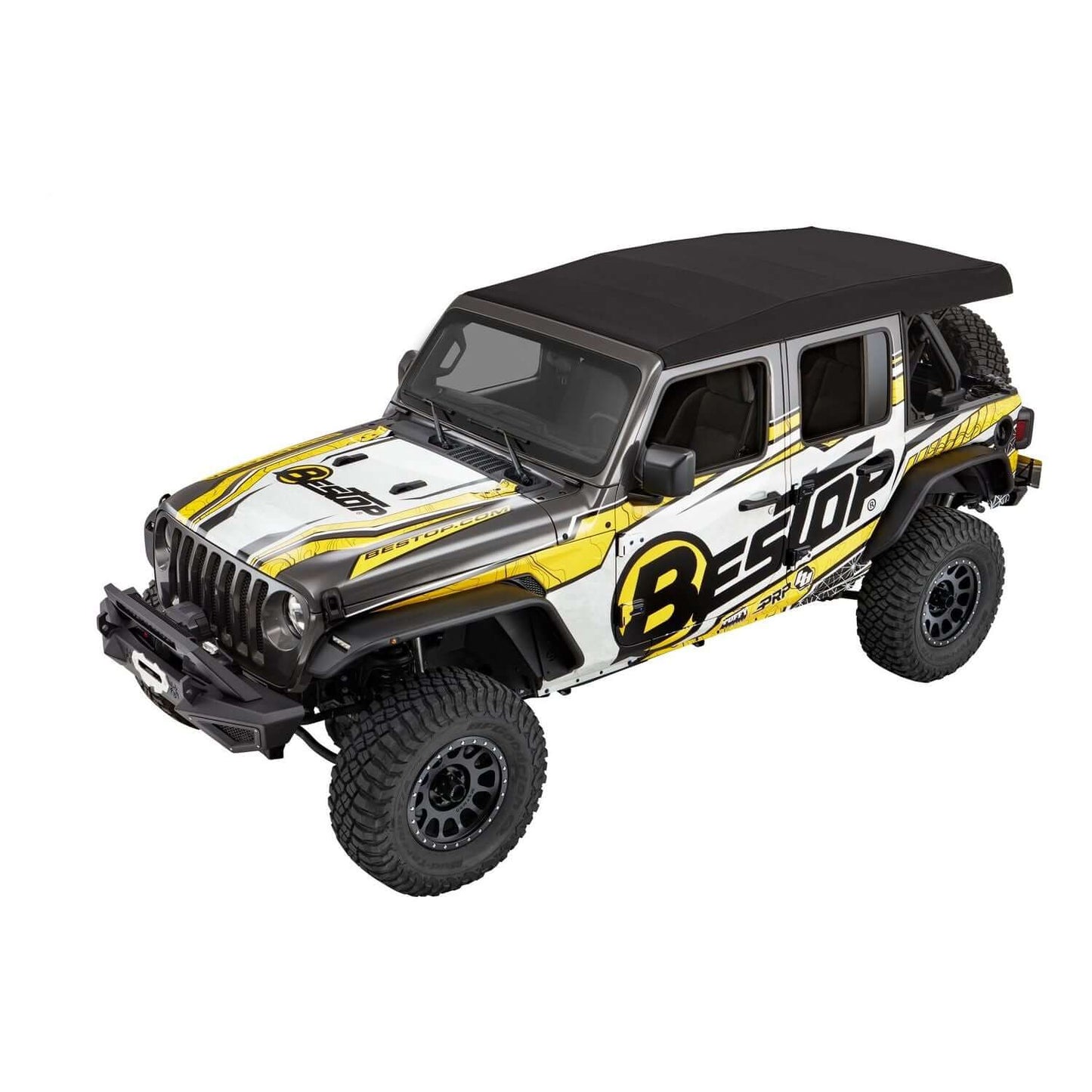 BESTOP | Supertop Ultra Jeep '18-26 Wrangler JL 4-Door Premium Black Twill Bestop | 54725-17 on a Jeep with a black soft top.