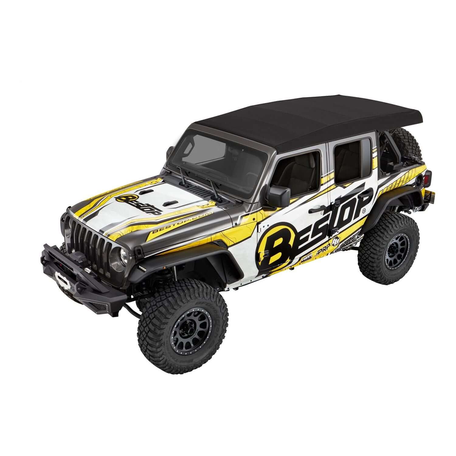 BESTOP | Supertop Ultra Jeep '18-26 Wrangler JL 4-Door Premium Black Twill Bestop | 54725-17 on a Jeep with a black soft top.