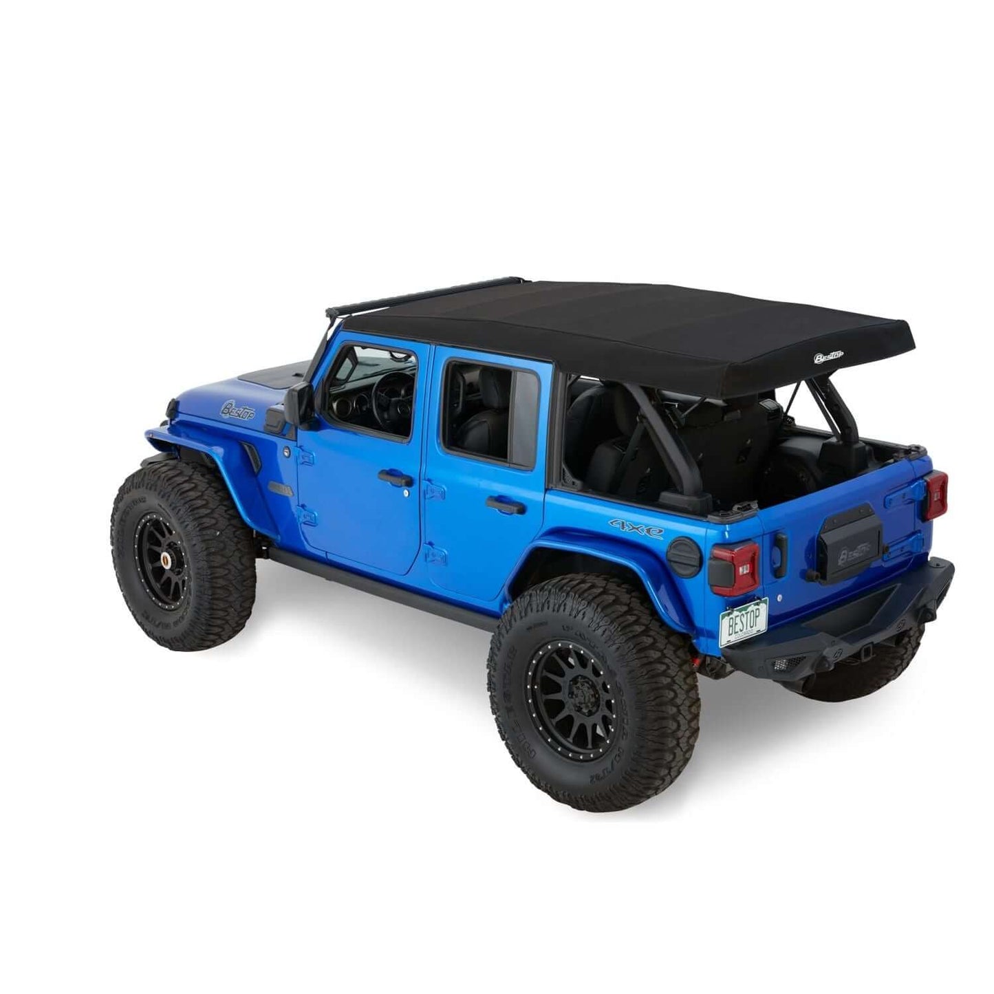 BESTOP | Supertop Jeep '18-26 Wrangler JL 4-Door Premium Black Twill Bestop | 54726-17 showcasing a blue Jeep with a soft top