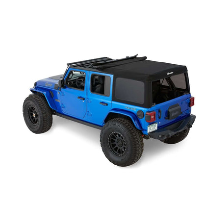 BESTOP | Supertop Jeep '18-26 Wrangler JL 4-Door Premium Black Twill Bestop | 54726-17 on a blue Jeep Wrangler.