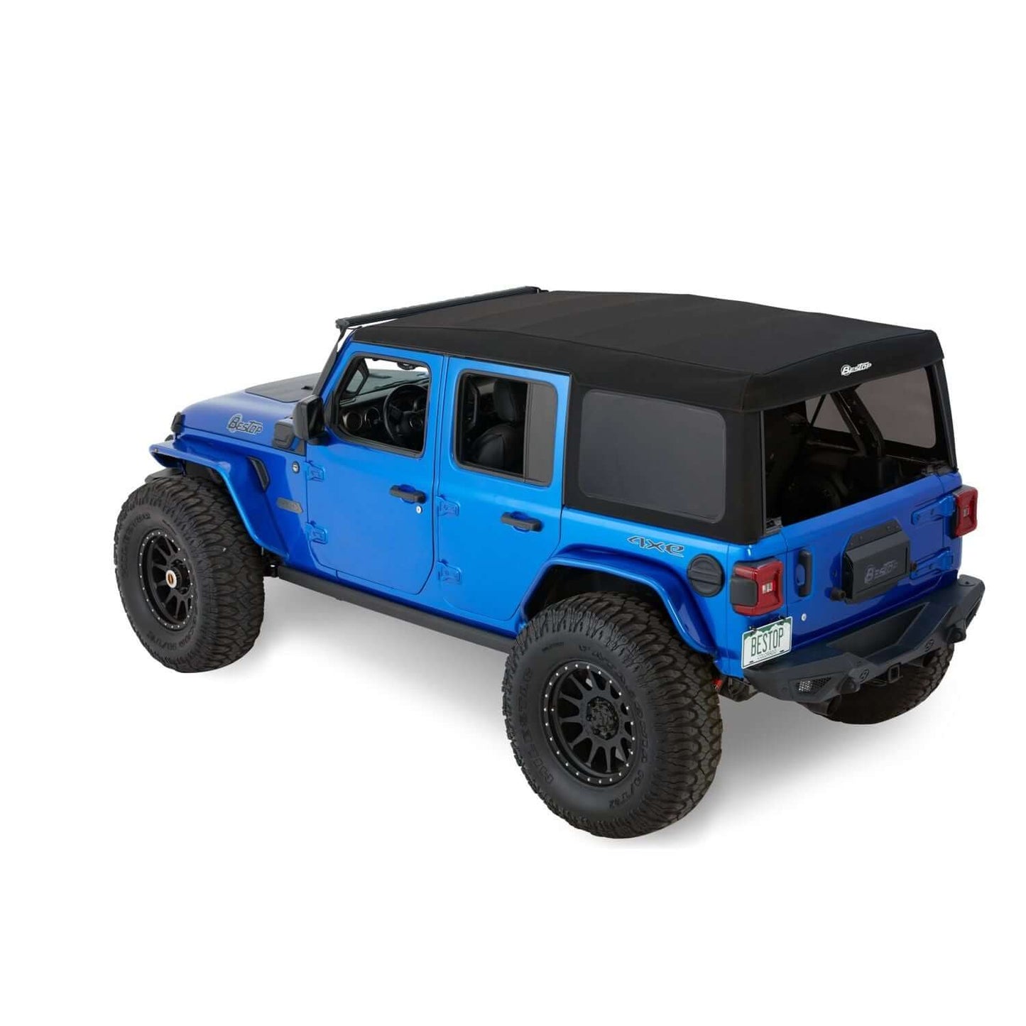 BESTOP | Supertop Jeep '18-26 Wrangler JL 4-Door Black Diamond Bestop | 54726-35 installed on a blue Jeep Wrangler.