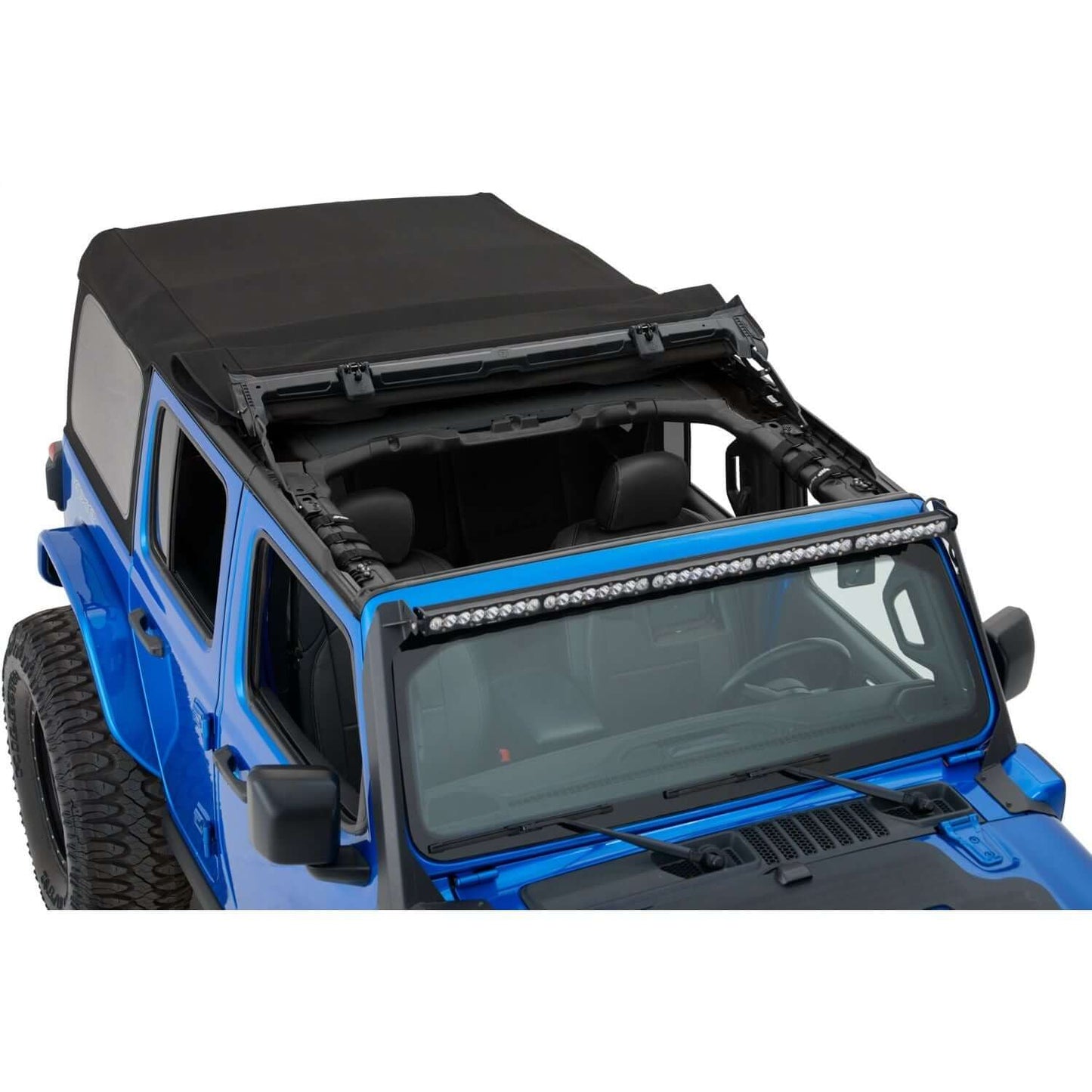 BESTOP | Supertop Jeep '18-26 Wrangler JL 4-Door Black Diamond Bestop | 54726-35 with Sunrider open feature on a blue Jeep.