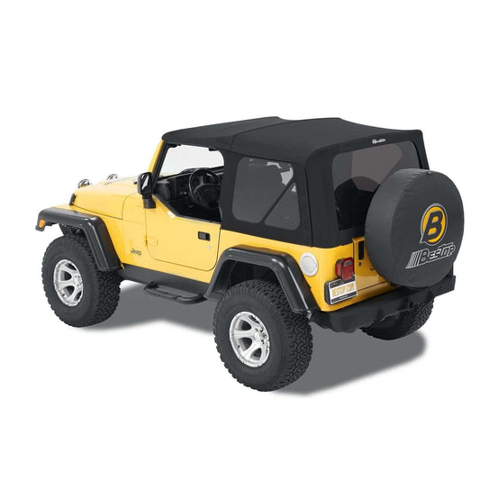 BESTOP | Jeep Soft Top Supertop Squareback Soft Top For Jeep 1997-2006 Wrangler TJ Black Premium Twill Bestop | 54820-17 on a yellow Jeep