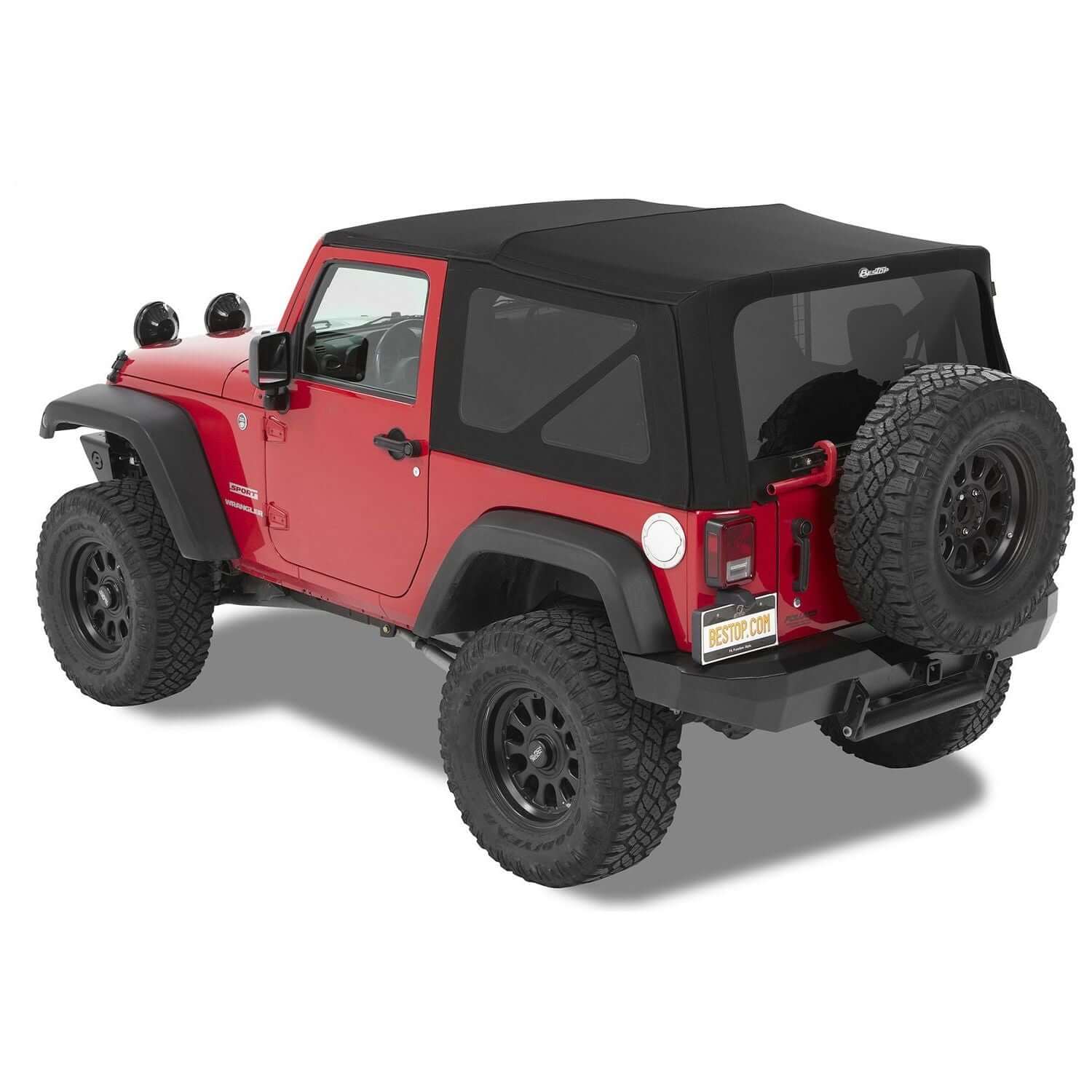 BESTOP | Jeep Soft Top Supertop Squareback Soft Top For Jeep 2007-2018 Wrangler JK 2 Door Black Premium Twill Bestop | 54822-17 on red Jeep