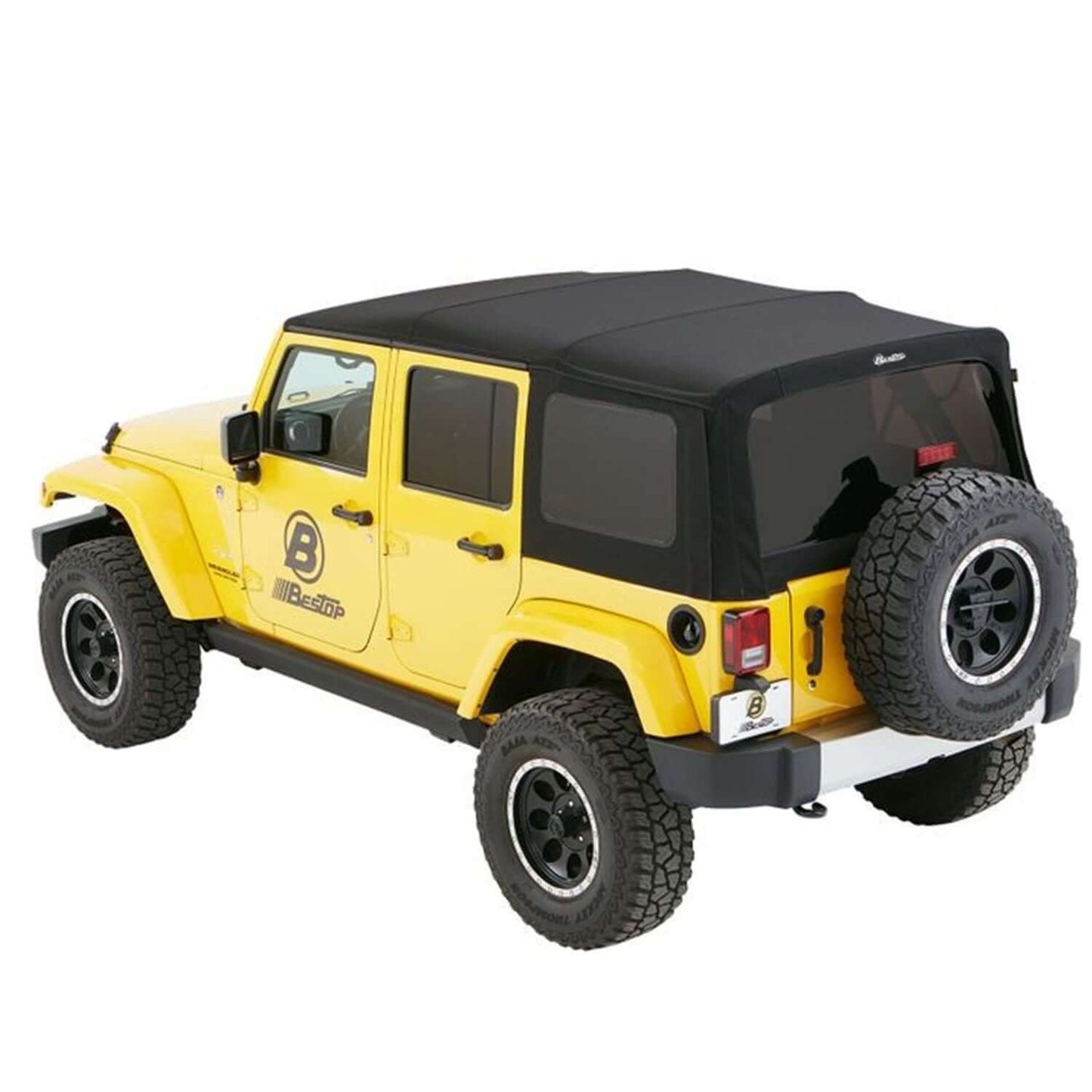 BESTOP | Jeep Soft Top Supertop Squareback Soft Top For Jeep 2007-2018 Wrangler JK 4 Door Black Premium Twill Bestop | 54823-17 on yellow Jeep