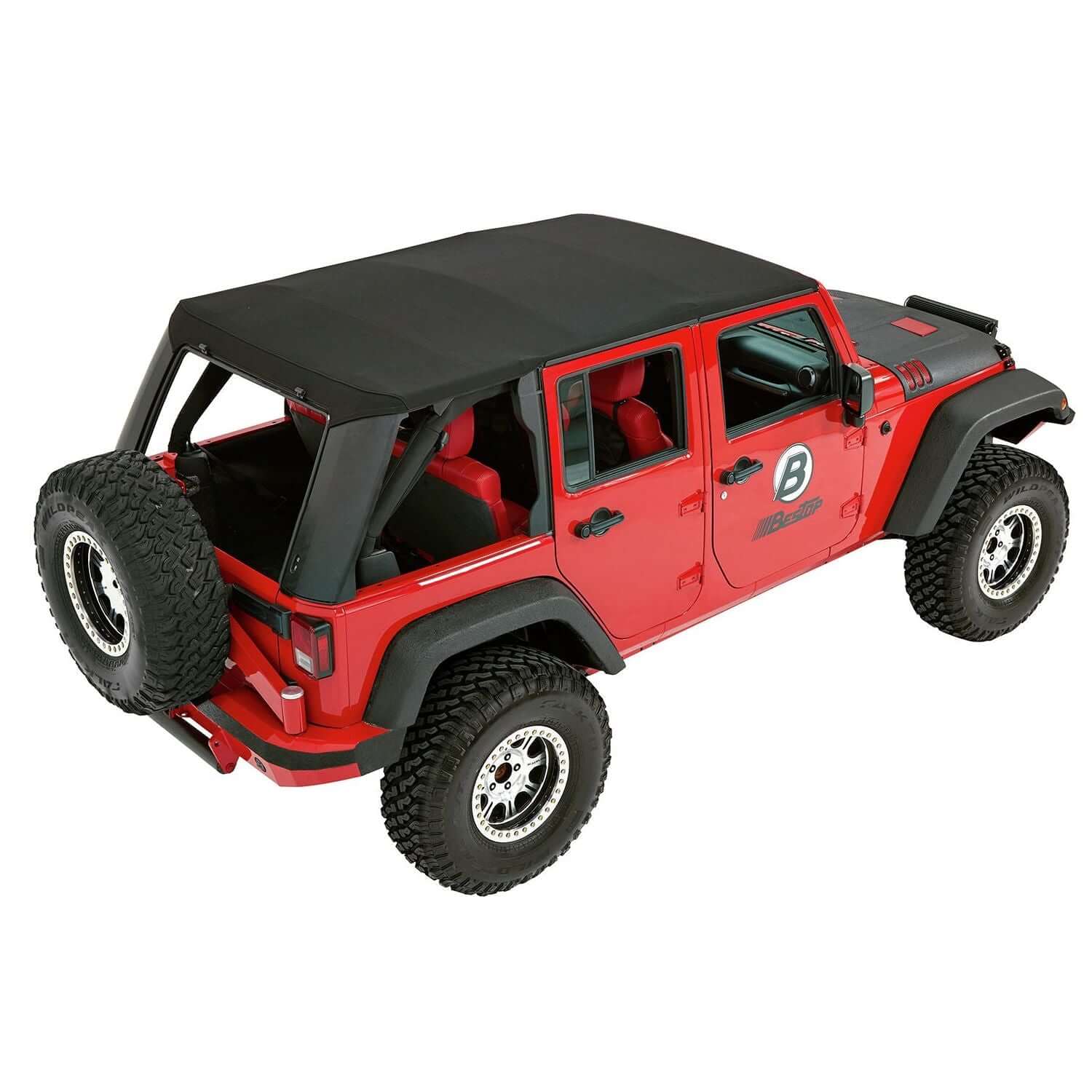 BESTOP | Trektop Pro Hybrid Slantback Soft Top For Jeep 2007-2018 Wrangler JK 4 Door Black Bestop | 54863-17 installed on red Jeep.