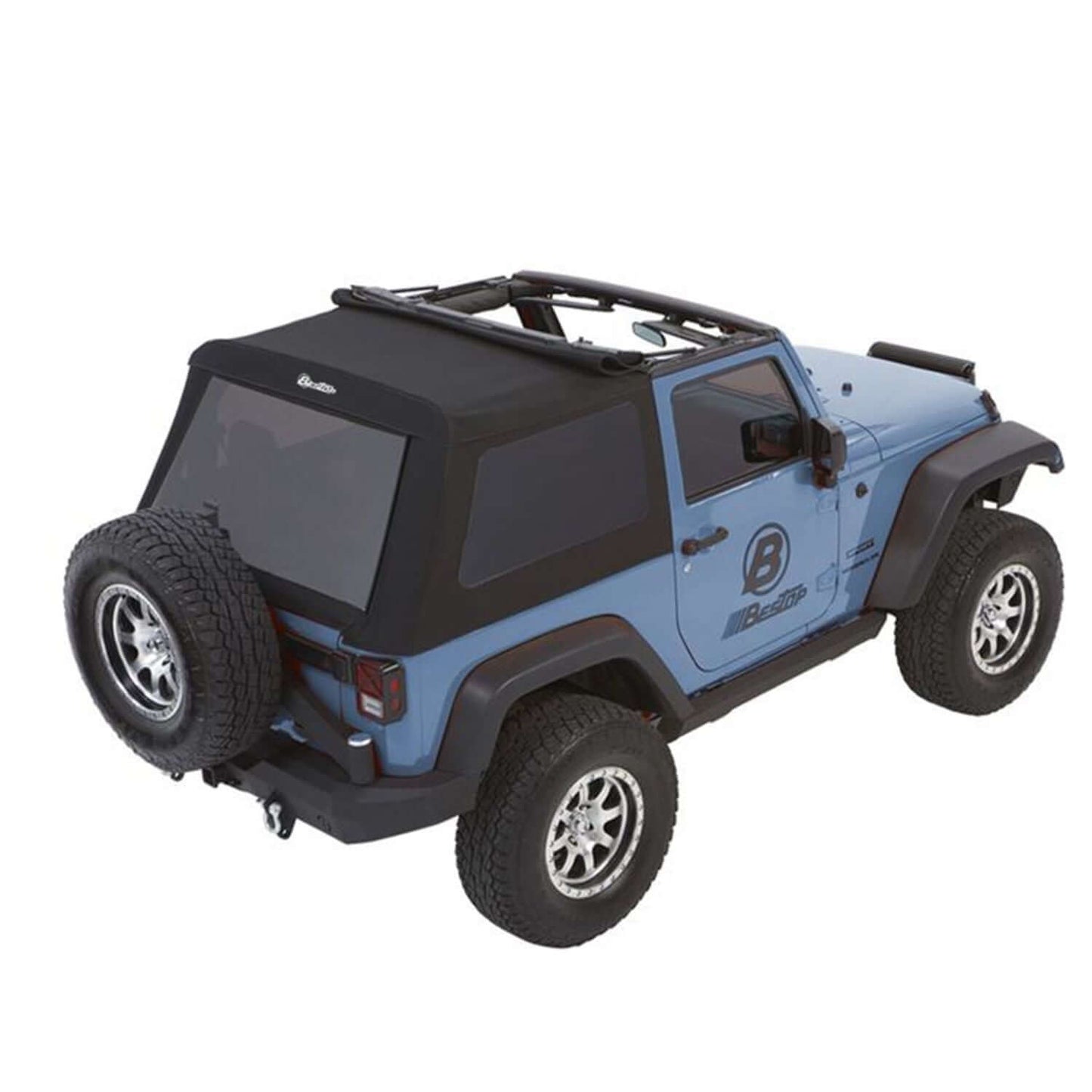 BESTOP | Jeep Wrangler Trektop Glide Slantback Soft Tops For Jeep 2007-2018 Wrangler JK 2 Door Black Premium Twill Bestop | 54922-17 on a blue Jeep.