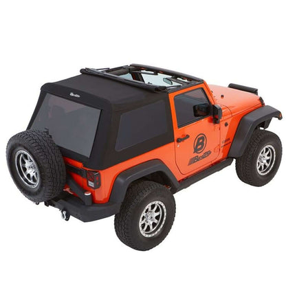 BESTOP | Jeep Wrangler Trektop Glide Slantback Soft Tops For Jeep 2007-2018 Wrangler JK 2 Door Black Diamond Bestop | 54922-35 on an orange Jeep