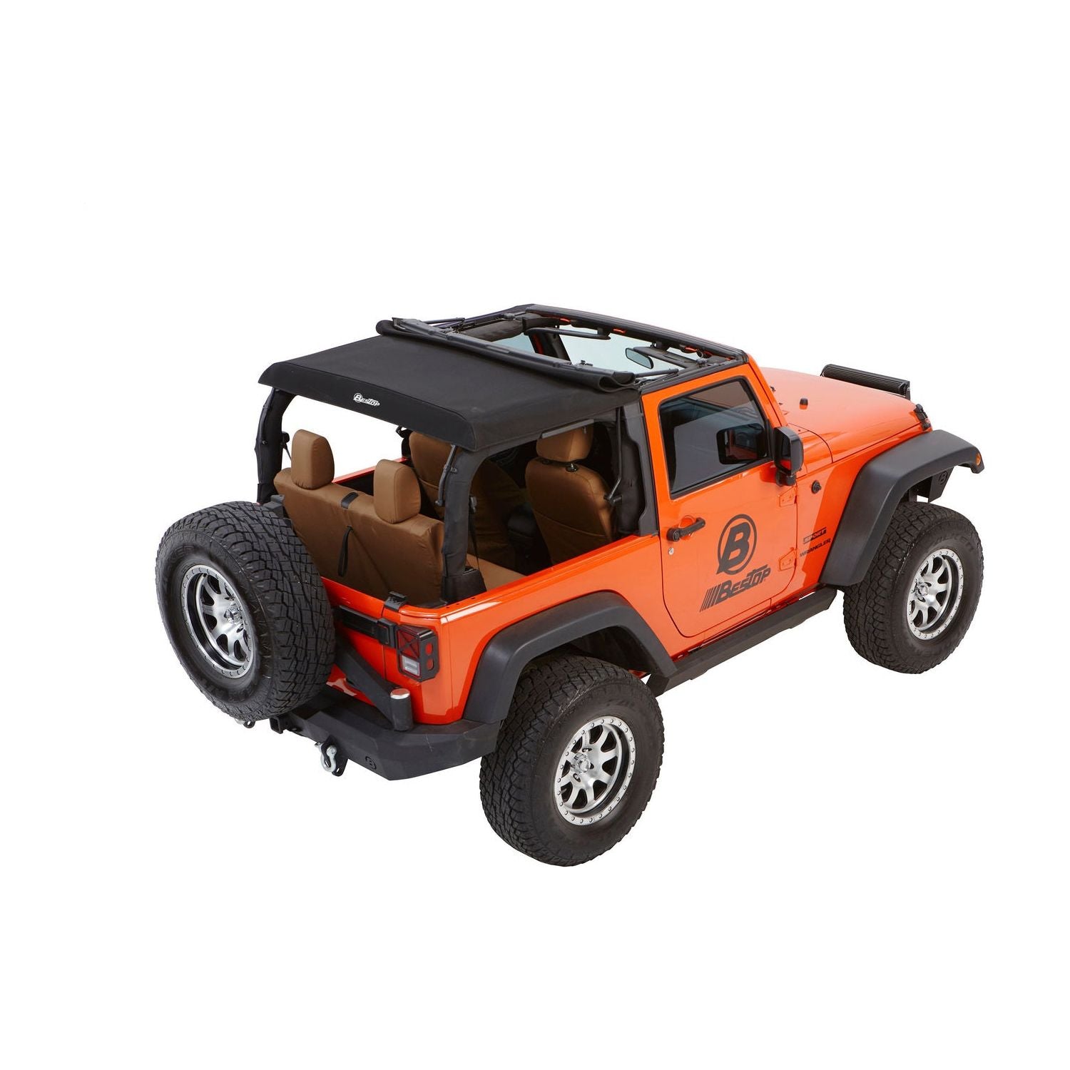 BESTOP | Jeep Wrangler Trektop Glide Slantback Soft Tops For Jeep 2007-2018 Wrangler JK 2 Door Black Diamond Bestop | 54922-35 on an orange Jeep.