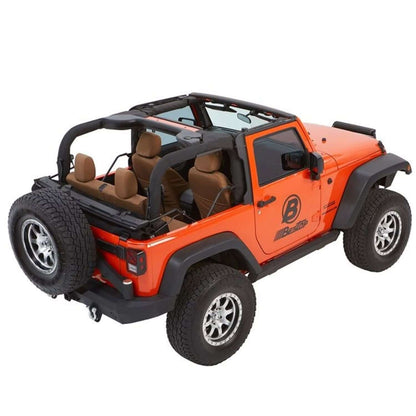 BESTOP | Jeep Wrangler Trektop Glide Slantback Soft Tops For Jeep 2007-2018 Wrangler JK 2 Door Black Diamond Bestop | 54922-35 on an orange Jeep.