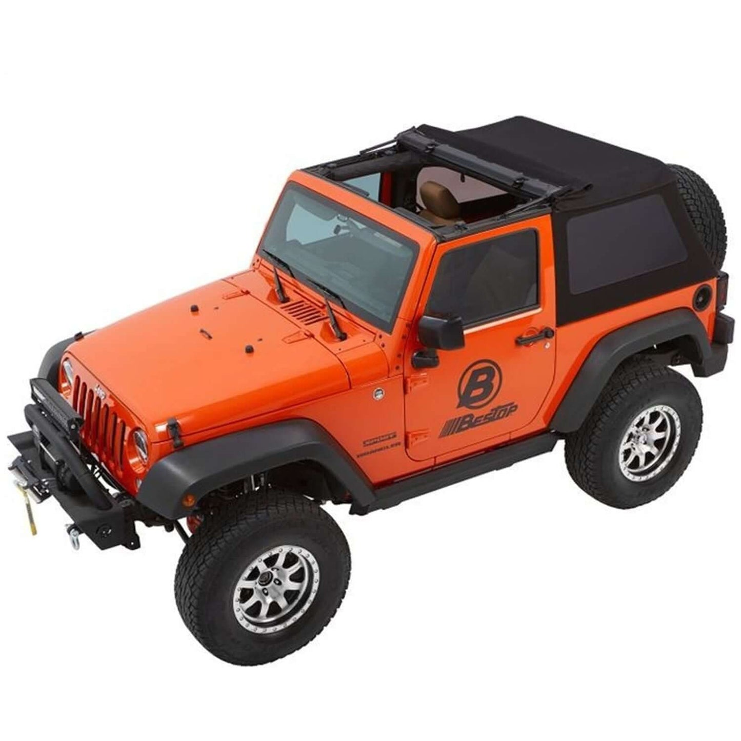 BESTOP | Jeep Wrangler Trektop Glide Slantback Soft Tops For Jeep 2007-2018 Wrangler JK 2 Door Black Diamond Bestop | 54922-35 installed on an orange Jeep.