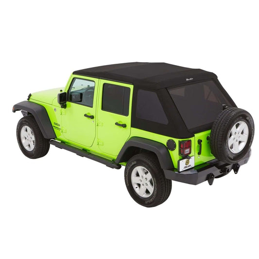 BESTOP | Jeep Wrangler Trektop Glide Slantback Soft Tops For Jeep 2007-2018 Wrangler JK 4 Door Black Diamond Bestop | 54923-35 installed on a lime green Jeep Wrangler.