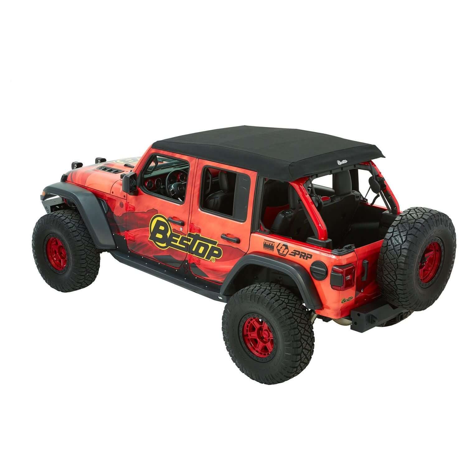 BESTOP | Trektop Ultra Jeep '18-26 Wrangler JL 4-Door Premium Black Twill Bestop | 54925-17 on a Jeep with a black soft top.