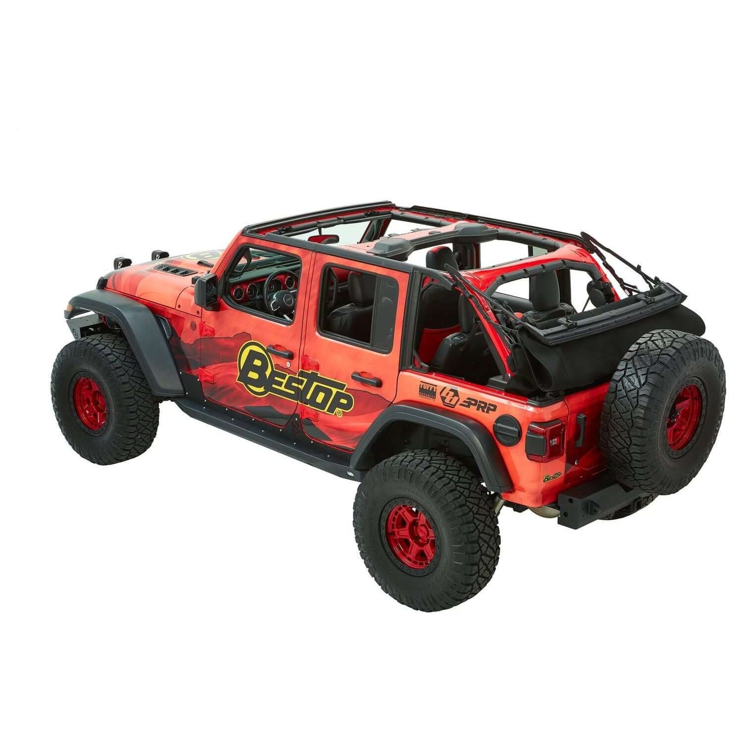 BESTOP | Trektop Ultra Jeep '18-26 Wrangler JL 4-Door Premium Black Twill Bestop | 54925-17 displayed on a modified Jeep.