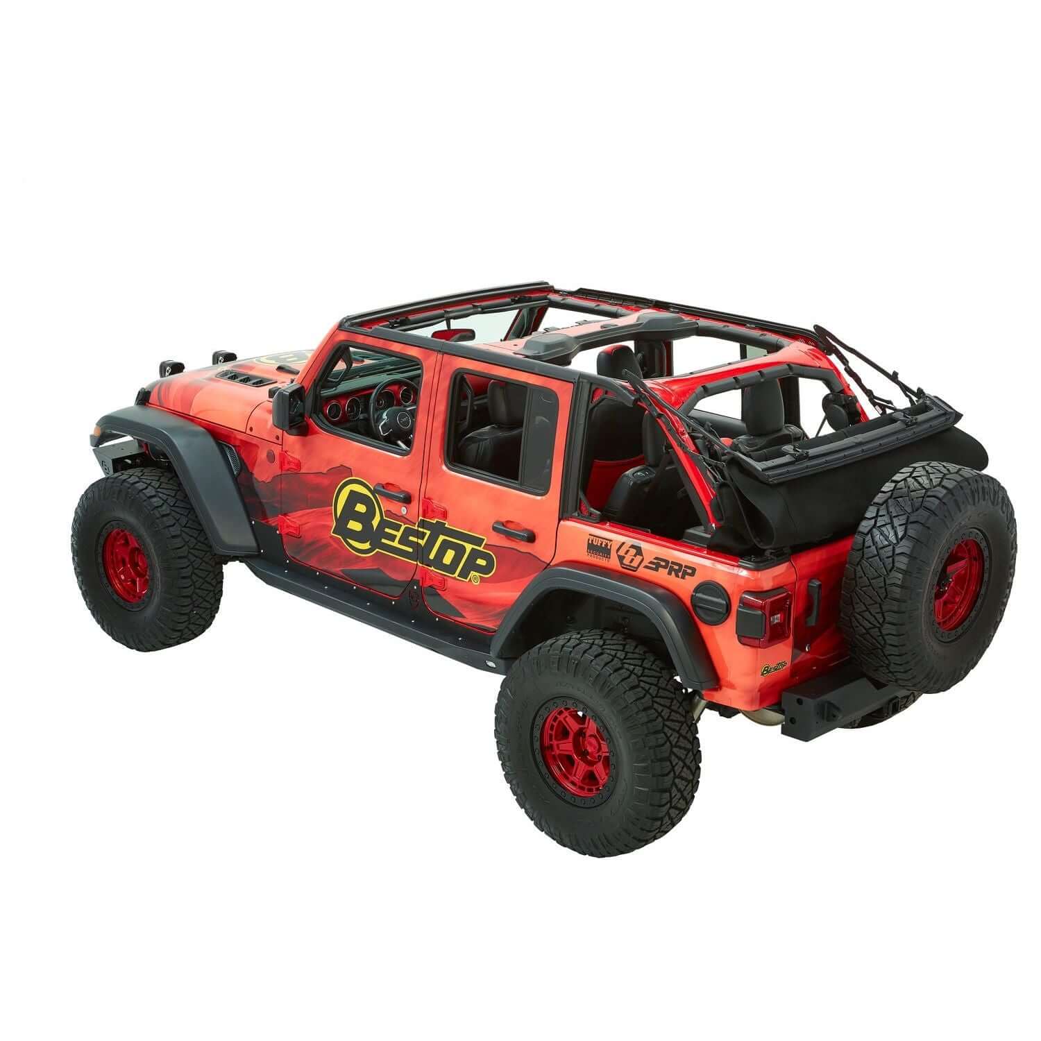 BESTOP | Trektop Ultra Jeep '18-26 Wrangler JL 4-Door Premium Black Twill Bestop | 54925-17 displayed on a modified Jeep.