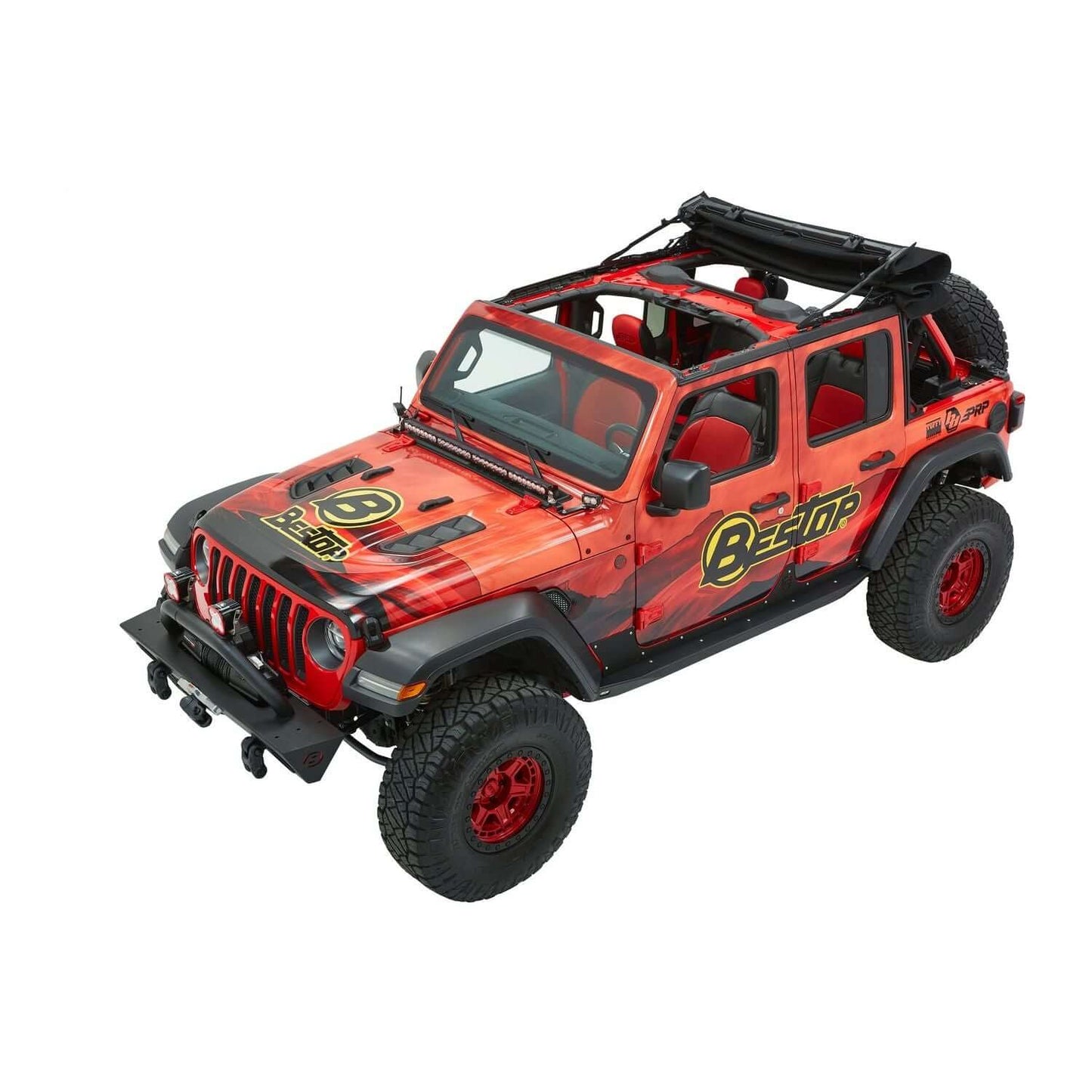 BESTOP | Trektop Ultra Jeep '18-26 Wrangler JL 4-Door Premium Black Twill Bestop | 54925-17 on a modified Jeep with red accents.