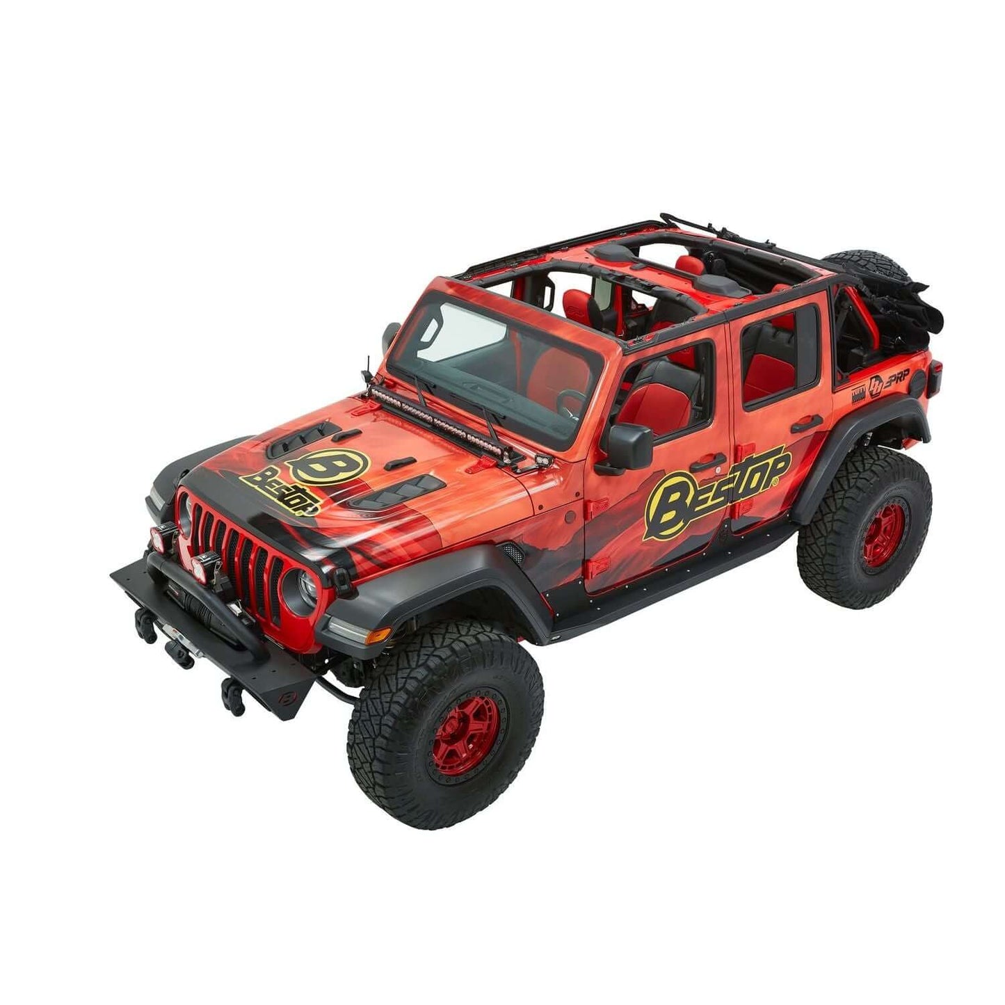 BESTOP | Trektop Ultra Jeep '18-26 Wrangler JL 4-Door Premium Black Twill Bestop | 54925-17 on a red Jeep model