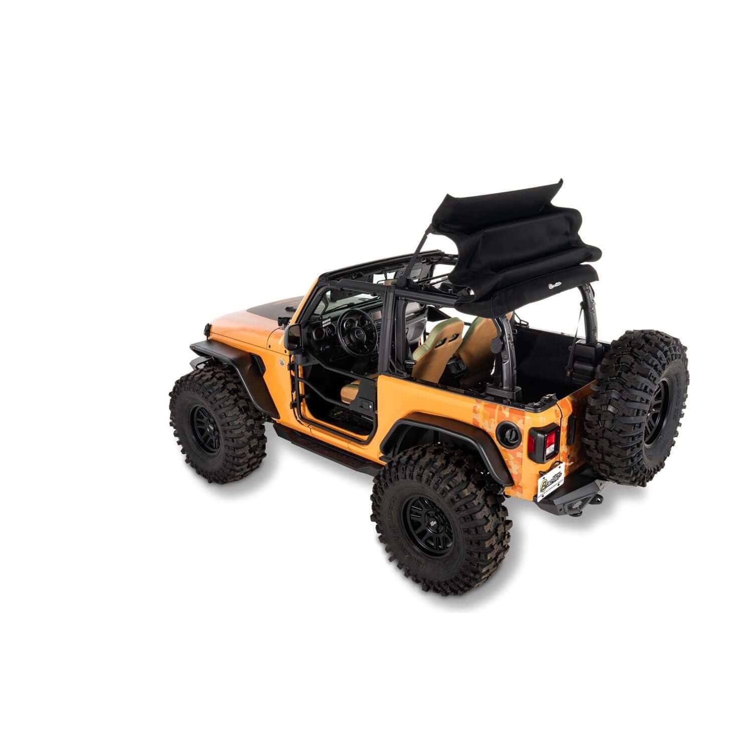 BESTOP | Trektop Glide 2-Door for JL Jeep 2018-26 Wrangler JL Premium Black Twill Bestop | 54930-17 installed on an orange Jeep.