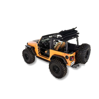 BESTOP | Trektop Glide 2-Door for JL Jeep 2018-26 Wrangler JL Premium Black Twill Bestop | 54930-17 on an orange Jeep.