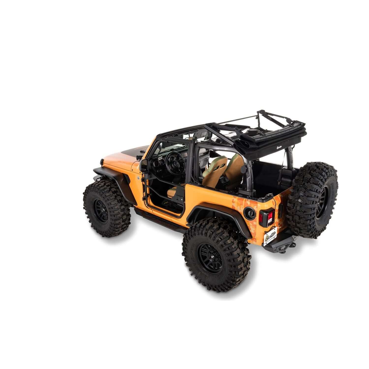 BESTOP | Trektop Glide 2-Door for JL Jeep 2018-26 Wrangler JL Premium Black Twill Bestop | 54930-17 on an orange Jeep.