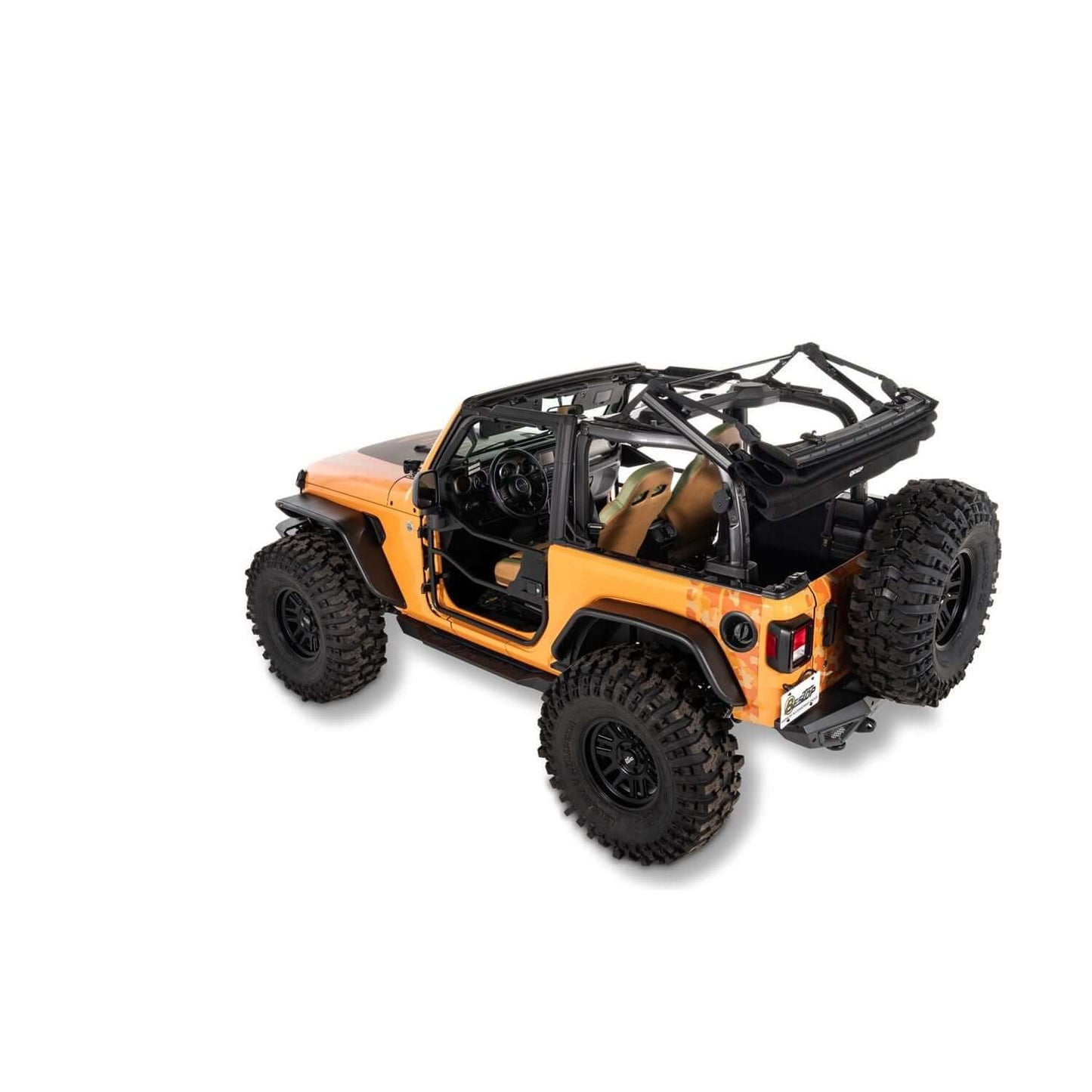 BESTOP | Trektop Glide 2-Door for JL Jeep 2018-26 Wrangler JL Premium Black Twill Bestop | 54930-17 installed on an orange Jeep.