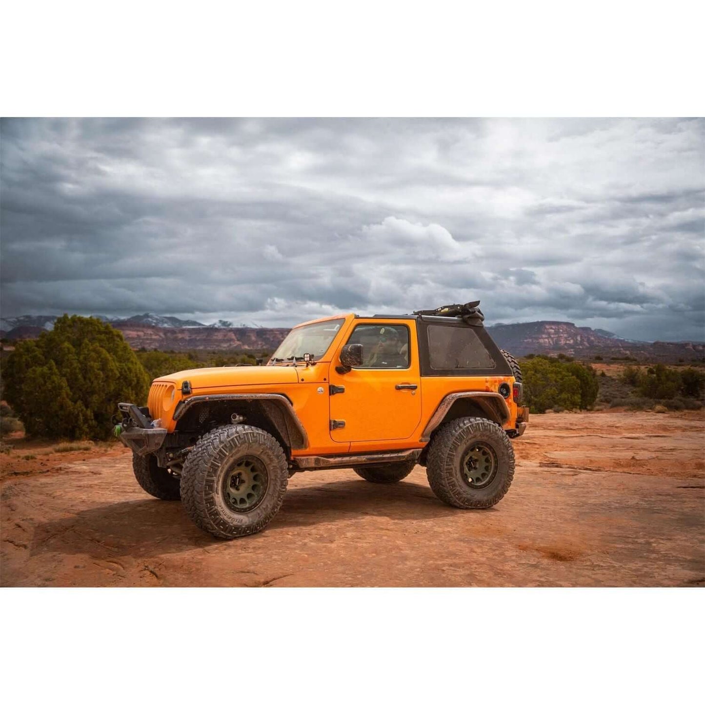 BESTOP | Trektop Glide 2-Door for JL Jeep 2018-26 Wrangler JL Black Diamond Bestop | 54930-35 on orange Jeep in desert.