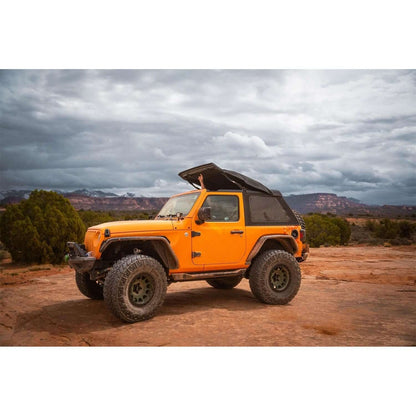 BESTOP | Trektop Glide 2-Door for JL Jeep 2018-26 Wrangler JL Black Diamond Bestop | 54930-35 on an orange Jeep.