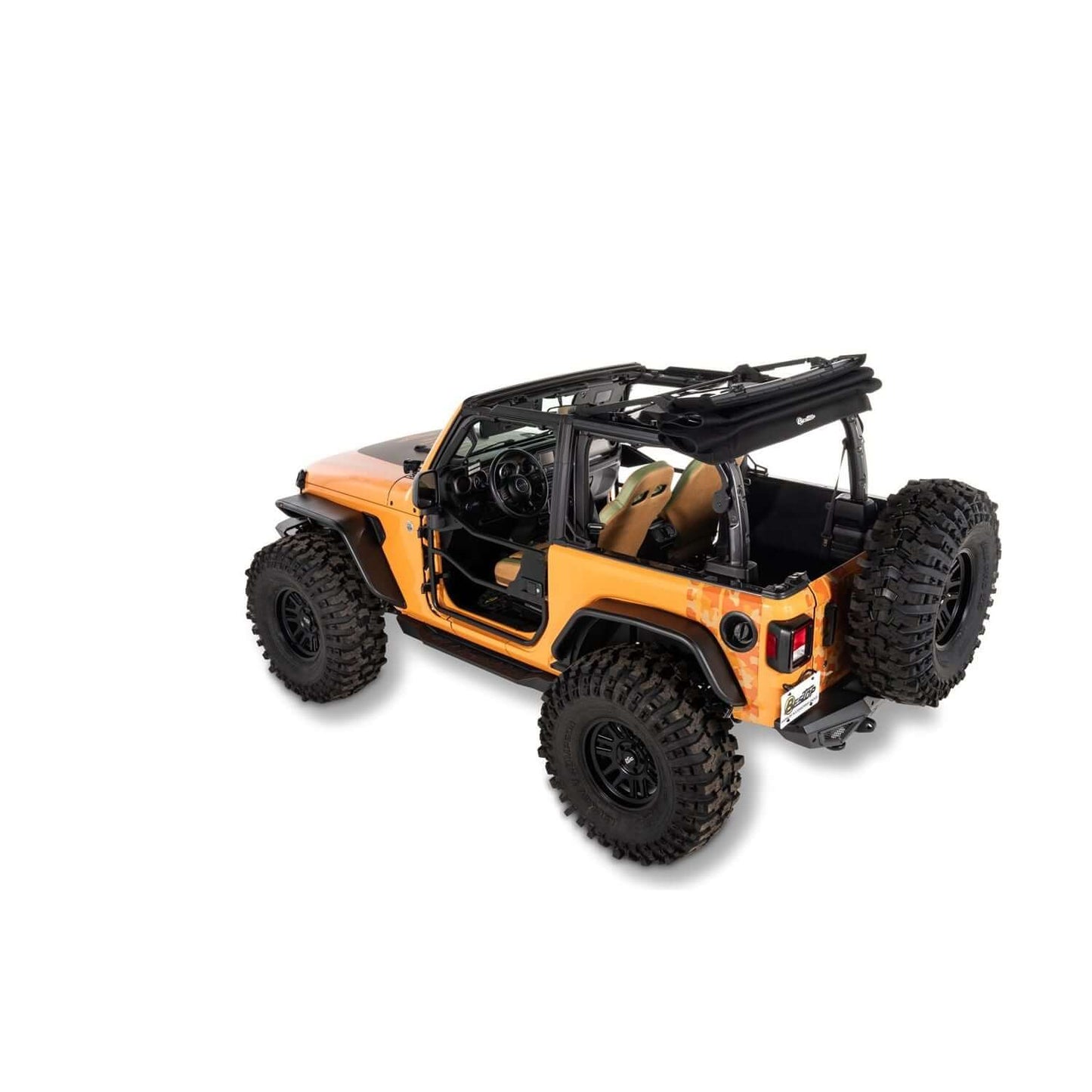 BESTOP | Trektop Glide 2-Door for JL Jeep 2018-26 Wrangler JL Black Diamond Bestop | 54930-35 installed on an orange Jeep.