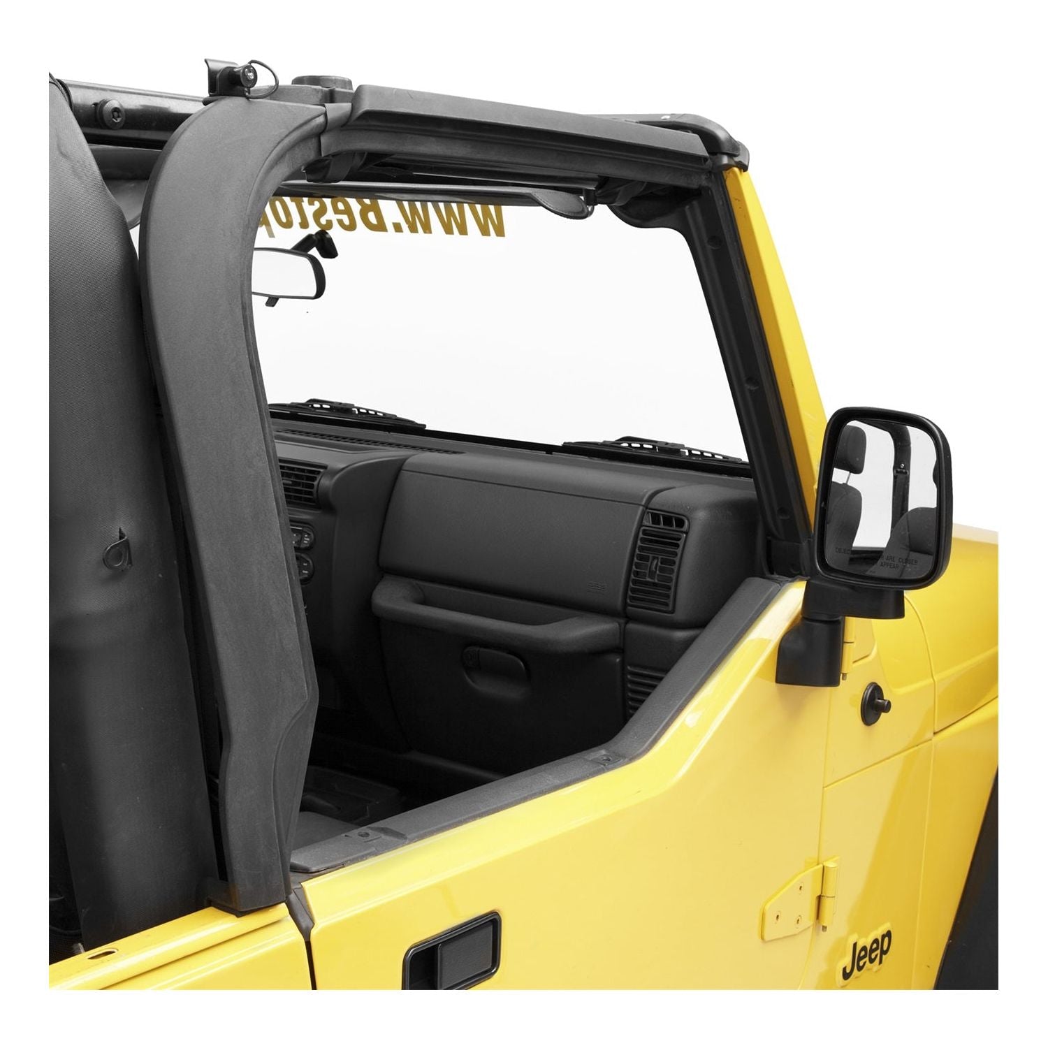 BESTOP | Jeep Door Surrounds For Jeep 1997-2006 Wrangler TJ Black Polypropylene Bestop | 55012-01 installed in a yellow Jeep.
