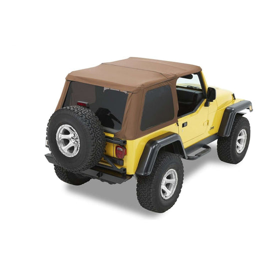 BESTOP | Trektop Slantback Soft Top For Jeep 1997-2006 Wrangler TJ Spice Bestop | 56820-37 on a yellow Jeep.