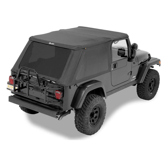 BESTOP | Trektop Slantback Soft Top For Jeep 2004-2006 Wrangler TJ Black Diamond Bestop | 56821-35 installed on black Jeep.