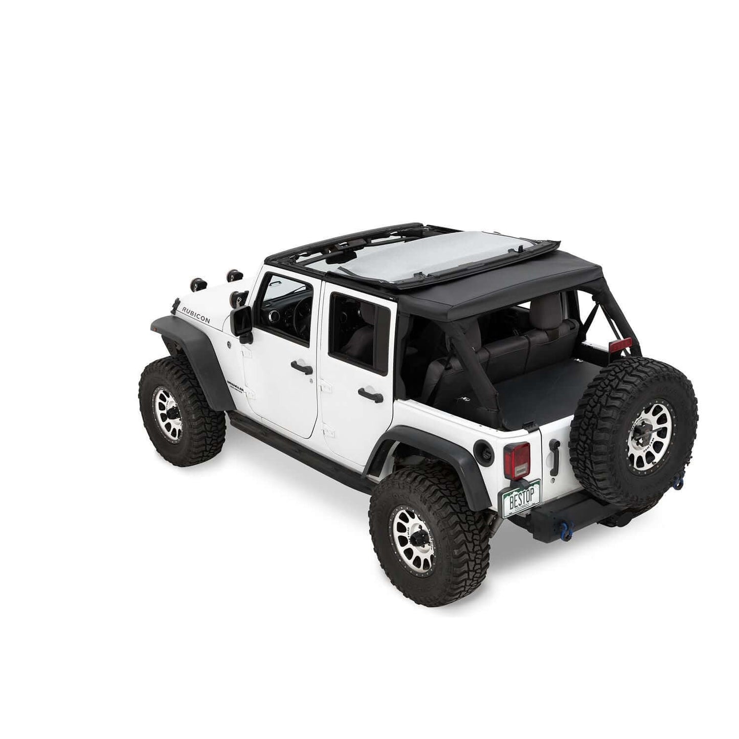 BESTOP | The Ascent Soft Tops For Jeep 2007-2018 Wrangler JK 4 Door Black Diamond Bestop | 56825-35 on a white Jeep Wrangler.