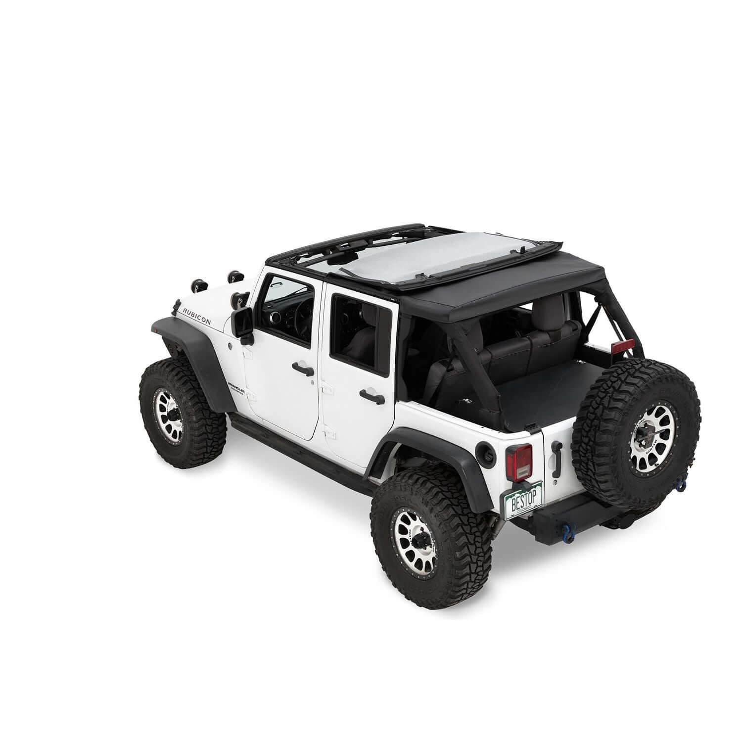 BESTOP | The Ascent Soft Tops For Jeep 2007-2018 Wrangler JK 4 Door Black Diamond Bestop | 56825-35 on a white Jeep Wrangler.