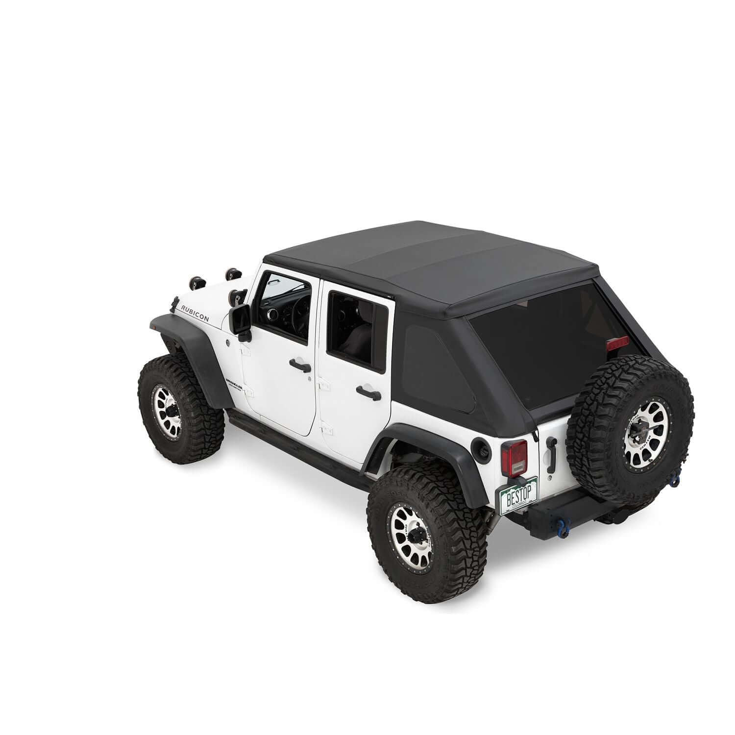 BESTOP | The Ascent Soft Tops For Jeep 2007-2018 Wrangler JK 4 Door Black Diamond Bestop | 56825-35 installed on a white Jeep.
