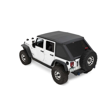 BESTOP | The Ascent Soft Tops For Jeep 2007-2018 Wrangler JK 4 Door Black Diamond Bestop | 56825-35 installed on a white Jeep.