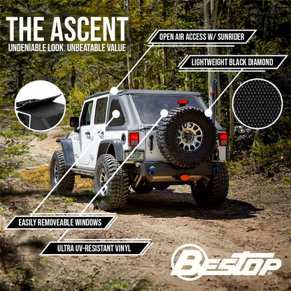BESTOP | The Ascent Soft Tops For Jeep 2007-2018 Wrangler JK 4 Door Black Diamond Bestop | 56825-35 on a rugged trail.