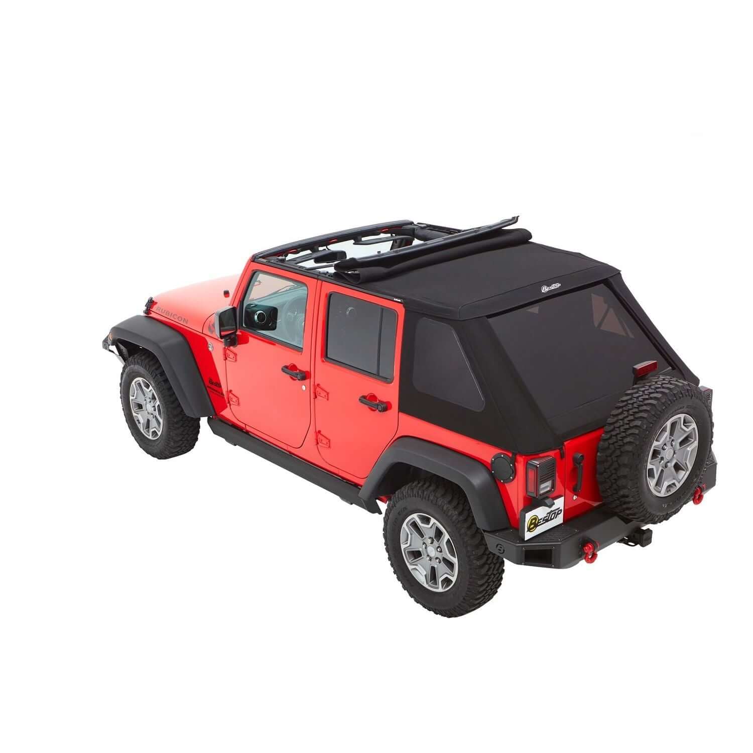BESTOP | Trektop Slantback Soft Top For Jeep 2007-2018 Wrangler JK 4 Door Black Premium Twill Bestop | 56853-17 on a red Jeep