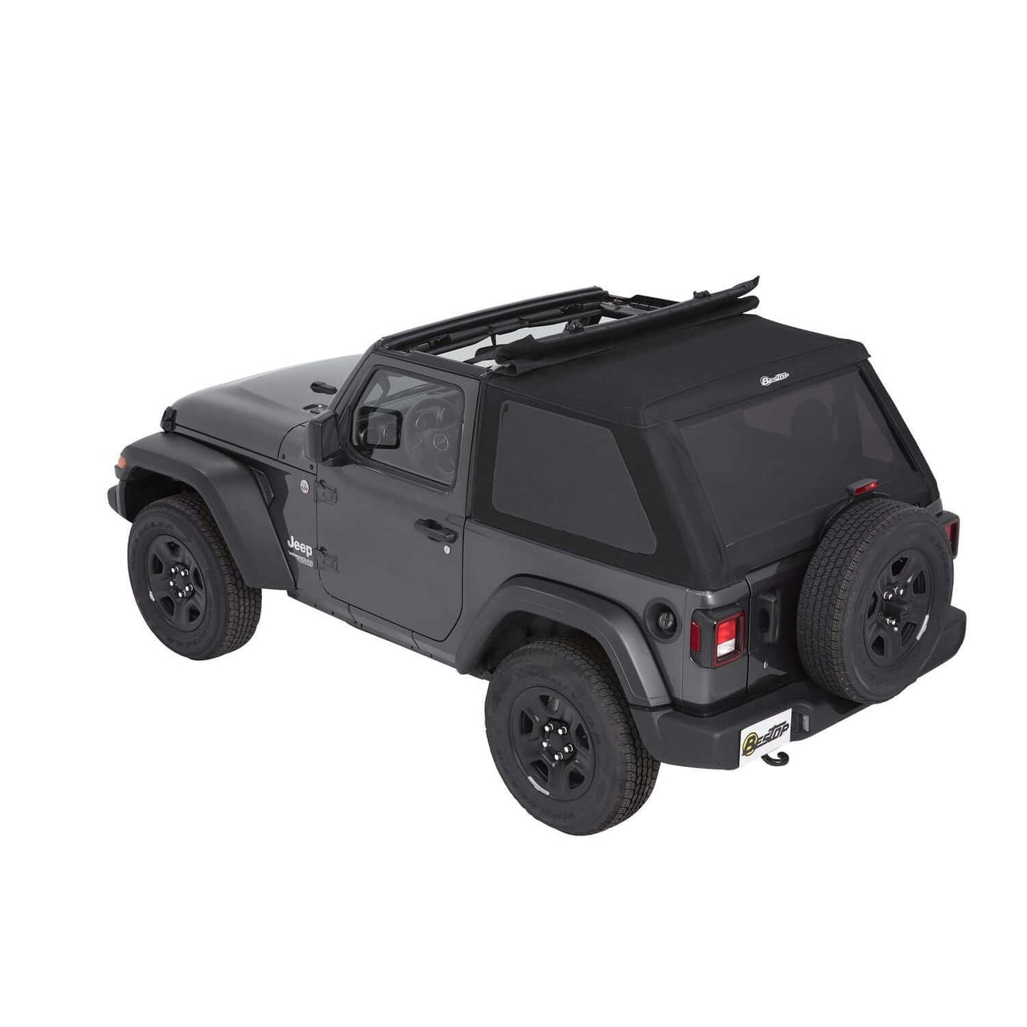 BESTOP | Trektop Jeep '18-26 Wrangler JL 2-Door Premium Black Twill Bestop | 56862-17 on a black Jeep.
