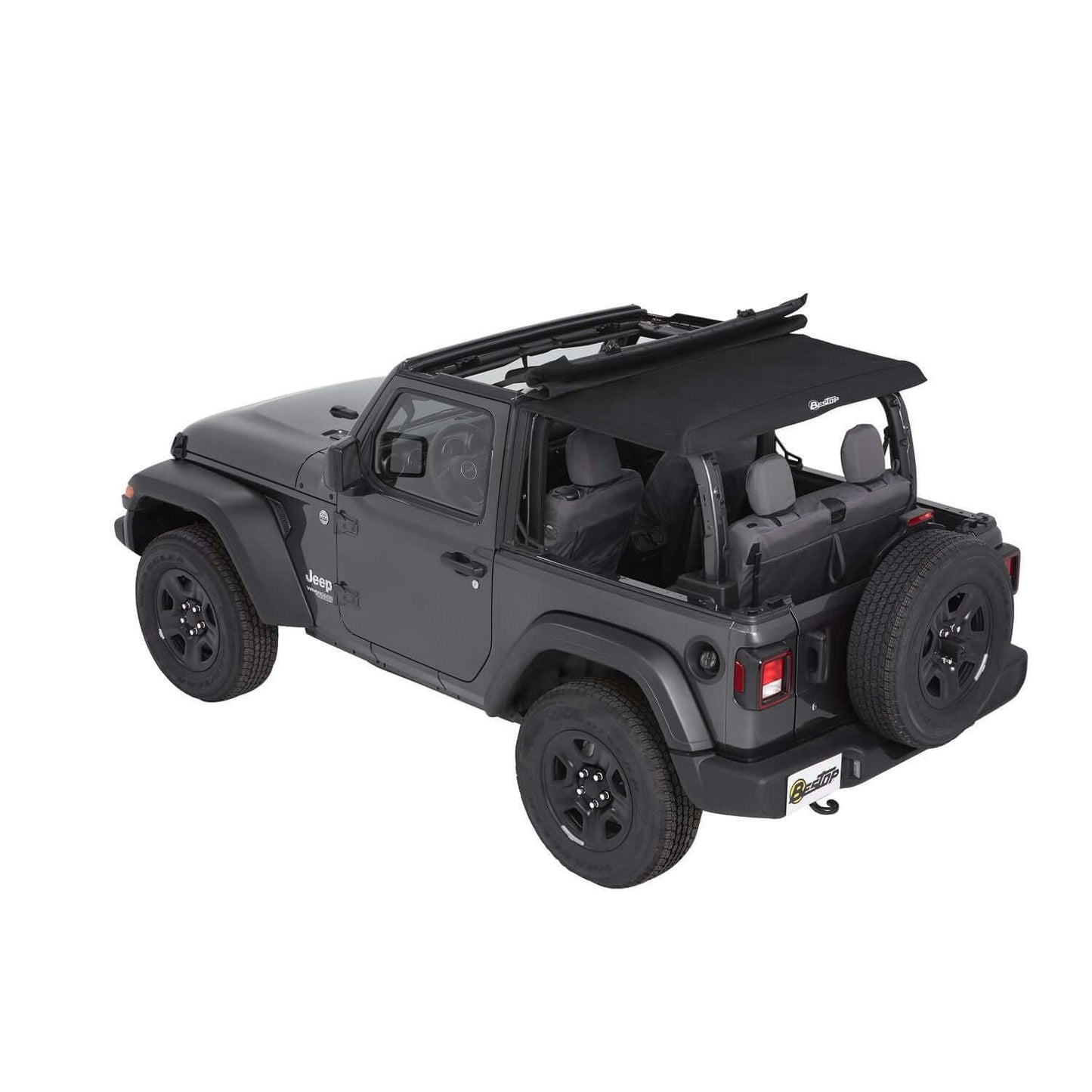 BESTOP | Trektop Jeep '18-26 Wrangler JL 2-Door Black Diamond Bestop | 56862-35 installed on a black Jeep Wrangler.