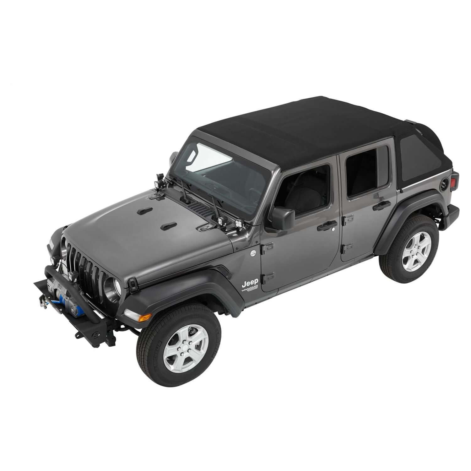 BESTOP | Trektop Jeep '18-26 Wrangler JL 4-Door Black Diamond Bestop | 56863-35 on a gray Jeep with a soft top.