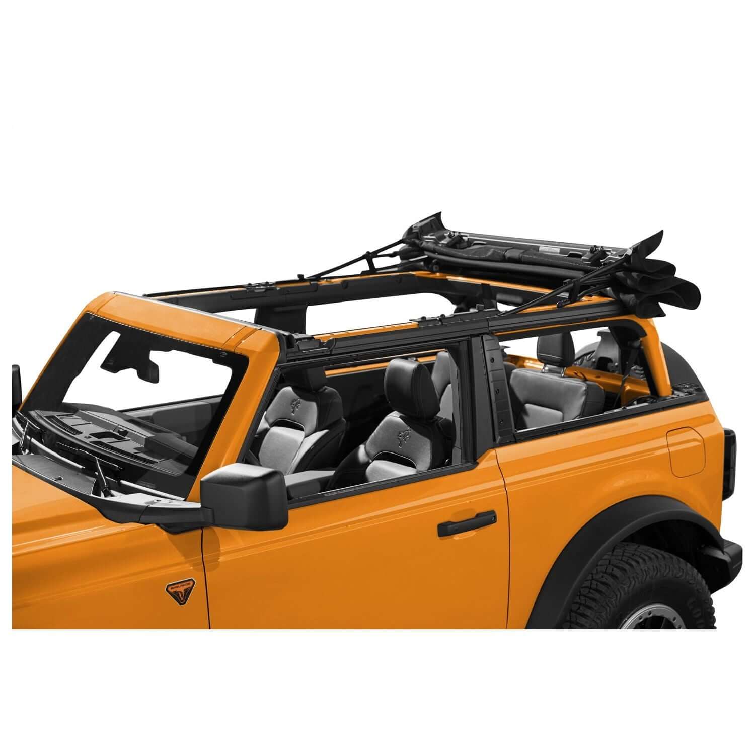 BESTOP | Trektop '21-26 Bronco 2-Door Premium Black Twill Bestop | 56872-17 installed on orange Bronco