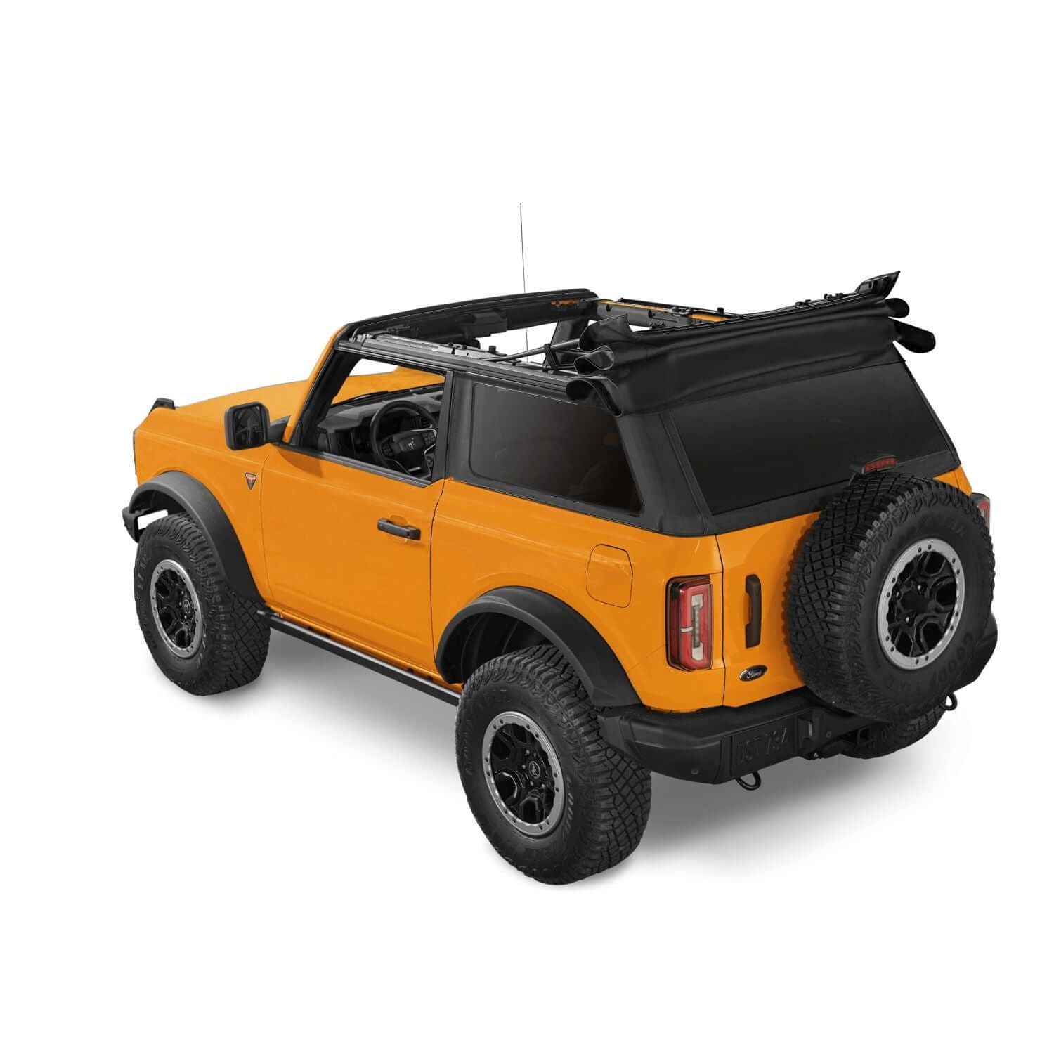 BESTOP | Trektop '21-26 Bronco 2-Door Black Diamond Bestop | 56872-35 installed on an orange Bronco.