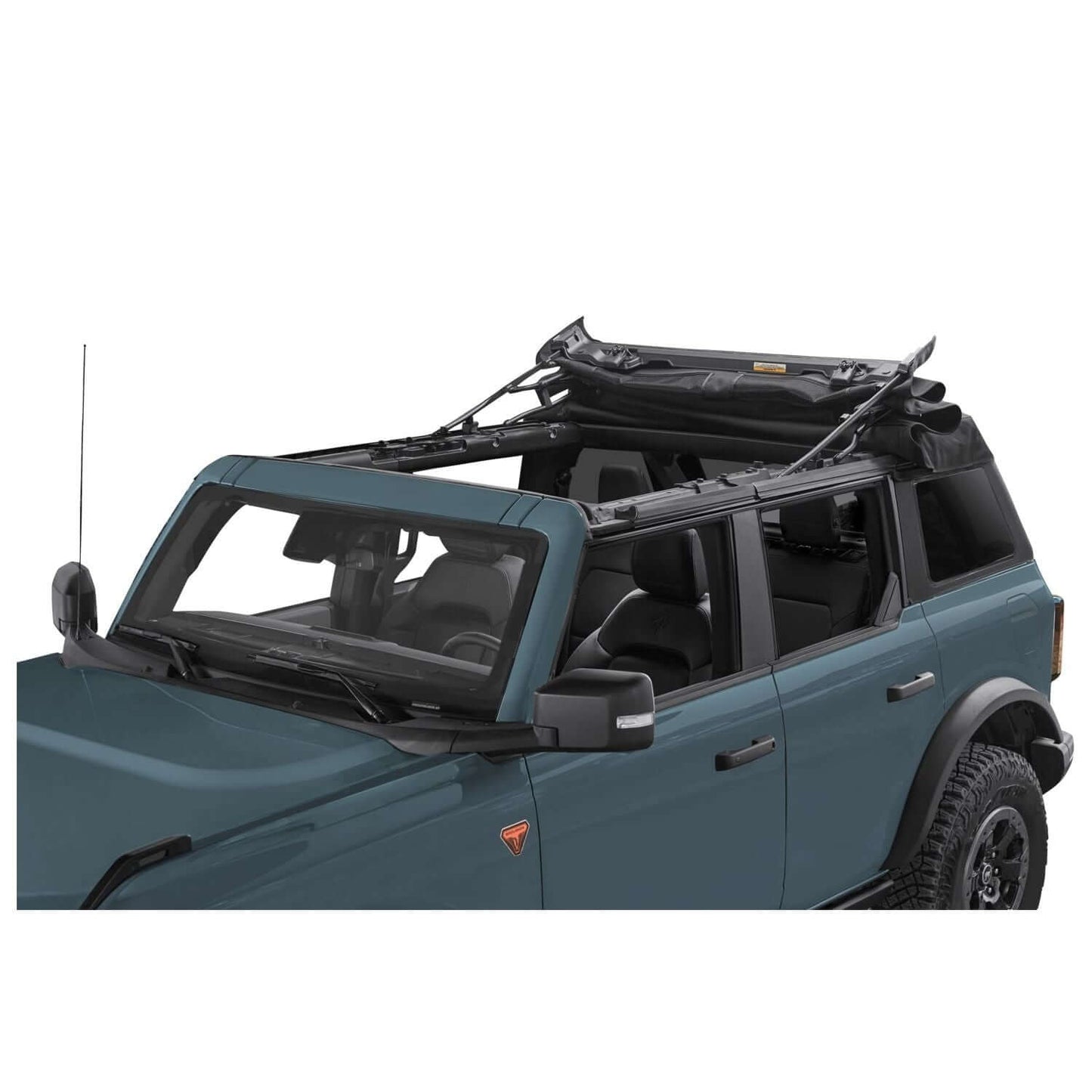 BESTOP | Trektop '21-26 Bronco 4-Door Premium Black Twill Bestop | 56873-17 installed on a Bronco with top partially open