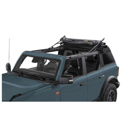 BESTOP | Trektop '21-26 Bronco 4-Door Premium Black Twill Bestop | 56873-17 installed on a Bronco with top partially open